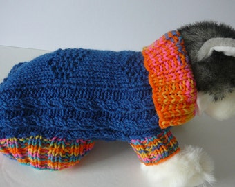 READY TO SHIP  ~  Handmade Knit Dog Coat ~ Blue Suede ~ Rainbow ~ Acrylic ~ Petite ~ Measures 10.0"