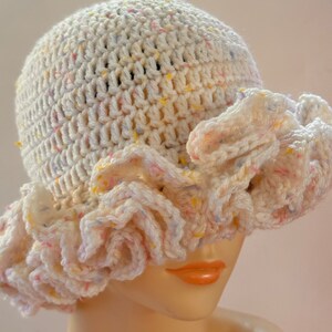READY TO SHIP  ~ Handmade Crochet Ruffle Adjustable Brim Bucket Hat  ~ Pastel Multi ~ Acrylic ~ One Size