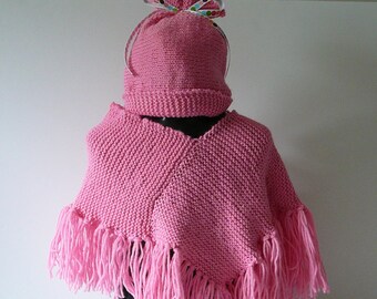 READY TO SHIP     Handmade Knit Baby Poncho and Hat/Girls/Pink/Acrylic          Size Newborn to 6 months