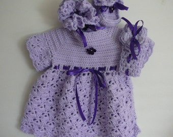 Crocheted Baby Dress, Booties & Headband Set: Lilac Acrylic, Newborn to 6 Months