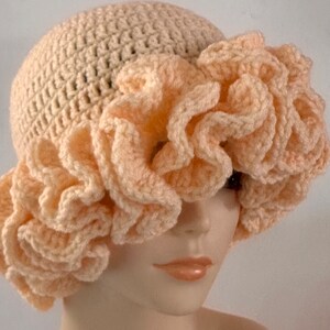 READY TO SHIP  ~ Handmade Crochet Ruffle Adjustable Brim Bucket Hat  ~ Apricot ~ Acrylic ~ One Size