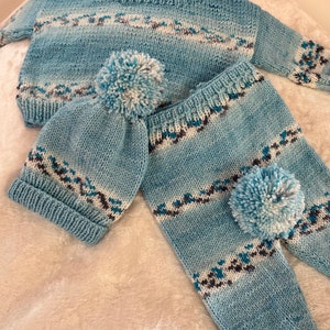 READY TO SHIP    Knit Baby Pullover Leggings & Hat ~ Baby Boys ~ Baby Shower  ~ Blue Multi ~ Acrylic             Size Newborn to 6 months