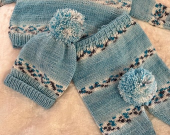 READY TO SHIP    Knit Baby Pullover Leggings & Hat ~ Baby Boys ~ Baby Shower  ~ Blue Multi ~ Acrylic             Size Newborn to 6 months