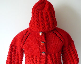 READY TO SHIP ~ Handmade Knit Christmas Baby Cardigan and Hat ~ Baby Girls ~ Red  ~ Acrylic Yarn ~      Size Newborn to 6 months