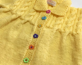 READY TO SHIP ~ Handmade Knit Spring Cable Coat ~ Toddler Girls ~ Yellow ~  Acrylic Yarn ~ Size 12 to 24 months