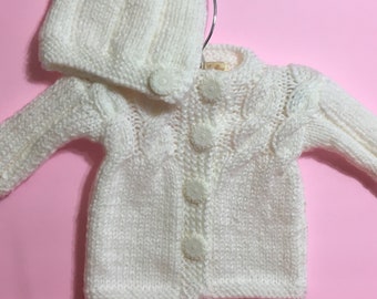 READY TO SHIP ~ Knit Baby Cardigan and Hat ~ Chunky Weight Acrylic Yarn ~ White ~ Size Newborn to 3 months