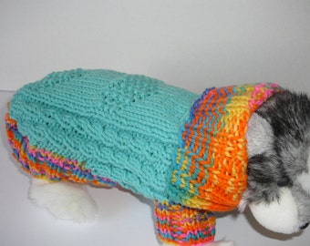 READY TO SHIP  ~   Handmade Knit Dog Coat ~ Blue ~ Rainbow ~ Acrylic  ~ Petite ~ Measures 10.0"