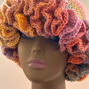 READY TO SHIP  ~ Handmade Crochet Ruffle Adjustable Brim Bucket Hat  ~  Citrine Sunset ~ Acrylic ~ One Size