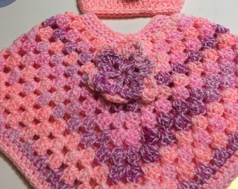 READY TO SHIP     Handmade Crocheted Toddler Poncho and Hat ~ Pink Multi ~ Acrylic ~ Size 2 to 4 years