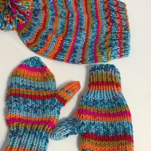 READY TO SHIP ~ Handmade Knit Hat and Mittens Set ~ Toddler Girls ~ Multicolored ~ Acrylic ~  Size 4 to 6 Years