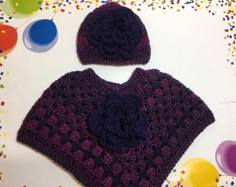 READY TO SHIP     Handmade Crocheted Toddler Poncho and Hat ~ Multicolor ~ Acrylic ~ Size 2 to 3 years