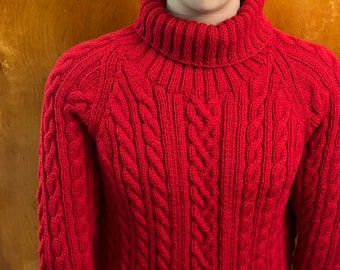RAEDY TO SHIP   ~     Handmade Knit Men's Aran Cable Sweater ~ Aran ~ Wool ~ Turtleneck ~ Size Extra-Large