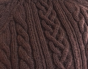 Handmade Aran Cable Knit Sweater: Chocolate Brown Wool Turtleneck (Size Extra-Large)