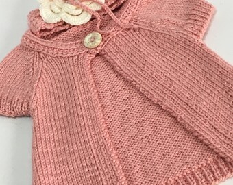 READY TO SHIP ~ Handknit Newborn Cardigan and Headband Set ~ Baby Girls ~ Baby Shower Gift ~Soft Peach ~ Acrylic  ~ Size Newborn to 3 months