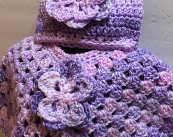 READY TO SHIP     Handmade Crocheted Toddler Poncho and Hat ~ Purple Multi ~ Acrylic ~ Size 2 to 4 years