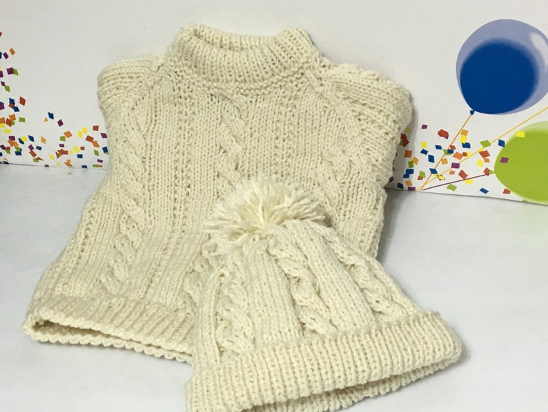 READY TO SHIP Handmade Knit Aran Cable Sweater and Hat Toddler Boys Aran Acrylic Size 1 to 2 years image 1