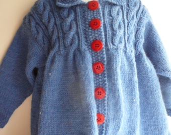 Hand Knit Toddler Cable Coat in Denim Blue             READY TO SHIP       Size 12 to 24 months