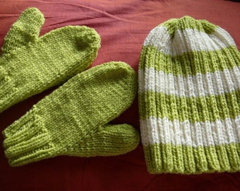 READY TO SHIP ~ Handmade Knit Toddler Ribbed Hat and Mittens Set ~ Toddler Boys ~ Toddler Girls ~ Green ~ White ~ Size 2 to 4 years