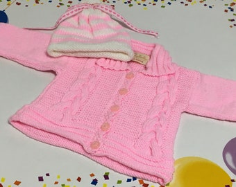 READY TO SHIP ~ Knit Garter Stitch Cable Cardigan and Hat ~ Baby Girls ~ Baby Shower Gift ~ Pink ~ Acrylic Yarn ~  Size 3 to 6 months