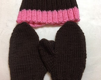 READY TO SHIP - Chapeau et mitaines en tricot - Filles en bas âge - Rose- Brown - Acrylique - Taille 2 à 4 ans