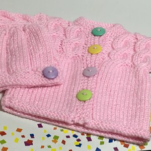 READY TO SHIP ~ Knit Baby Cardigan and Hat ~ Baby Girls ~ Baby Shower Gift ~Chunky Weight Acrylic Yarn ~ Pink ~  Size Newborn to 3 months