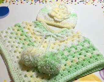 READY TO SHIP     Handmade Crocheted Toddler Poncho and Hat ~ Green ~ Yellow ~ White ~ Acrylic ~ Size 2 to 4 years