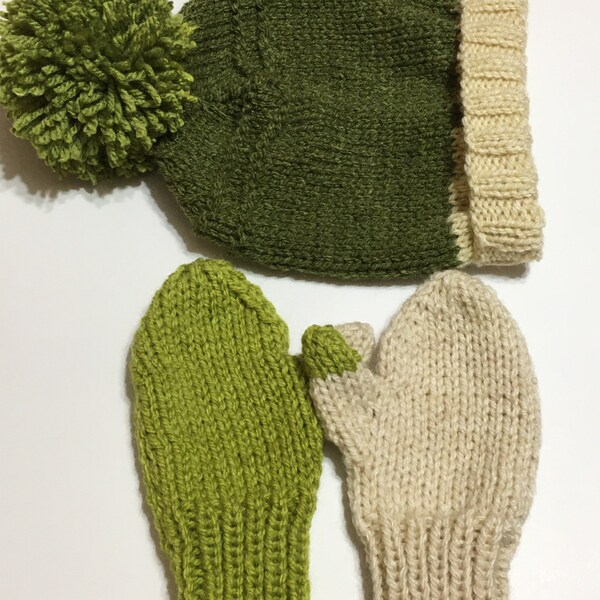READY TO SHIP ~ Handmade Unisex Knit Hat and Mittens Set ~ Toddler Boys ~ Toddler Girls ~ Green ~ Ivory ~ Wool Blend ~  Size 2 to 4 Years