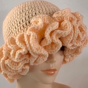 READY TO SHIP  ~ Handmade Crochet Ruffle Adjustable Brim Bucket Hat  ~ Apricot ~ Acrylic ~ One Size