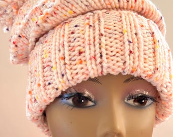 Handmade Knit Slouchy Pom Pom Hat: Women's Acrylic Beanie (20-23")