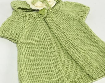 READY TO SHIP ~ Handknit Newborn Cardigan and Headband Set ~ Baby Girls ~ Baby Shower Gift ~ Soft Fern ~Acrylic ~ Size Newborn to 3 months