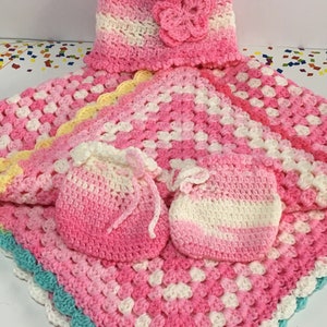 READY TO SHIP ~ Crocheted Baby Blanket Hat and Booties ~ Baby Girls ~ Strawberry ~ Pink ~White  ~  Newborn to 6 months