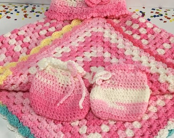 READY TO SHIP ~ Crocheted Baby Blanket Hat and Booties ~ Baby Girls ~ Strawberry ~ Pink ~White  ~  Newborn to 6 months