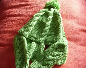 READY TO SHIP ~ Handmade Knit Unisex Toddler Cable Hat and Mittens Set ~ Pistachio ~ Acrylic ~  Size  2 to 4 years