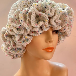 READY TO SHIP  ~ Handmade Crochet Ruffle Adjustable Brim Bucket Hat  ~ White Multi ~ Acrylic ~ One Size