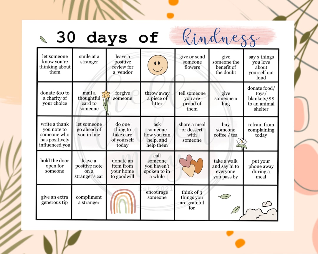 30 Days of Kindness Printable Kindness Calendar Acts of Kindness