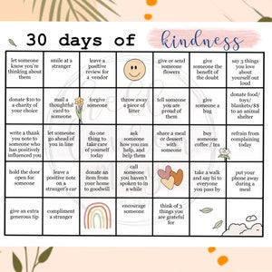 Op de afbeelding: Een 30-daagse bingo-kaart met vriendelijkheids-uitdagingen met kleurrijke vakjes en illustraties. De kaart bevat aanwijzingen zoals "glimlach naar een vreemde", "geef iemand een knuffel" en "doneer voedsel/speelgoed/dekens aan een dierenasiel".
