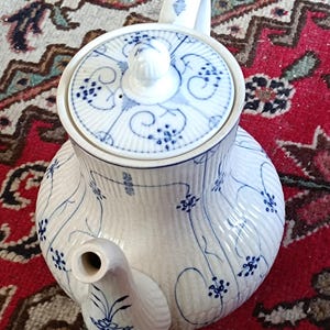 Sarreguemines opaque vintage white and blue coffee teapot