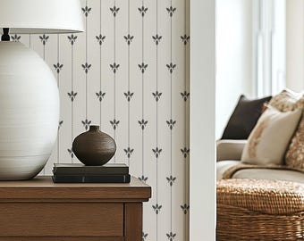 Delicate Stripe Classical Vintage Wallpaper – Botanical English Cottage, Victorian Floral Wall Mural