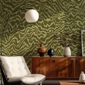 Veneer Abstract Green Wallpaper, Wood Peel Stick Mid Century Modern Wall Decor