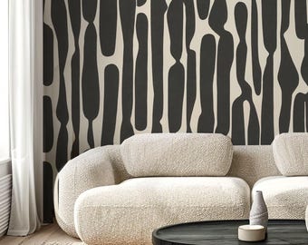 Abstract Dark Gray Shape Removable Wallpaper, Retro Vibe Peel and Stick Wallpaper, Bold Shape and Cream Background Self Adhesive Wall Decal