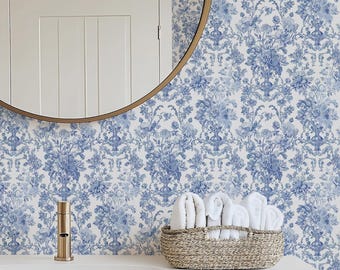 Blue and White Toile Peel and Stick Removable Wallpaper, Coastal Floral Self Adhesive Delft Tile, French Botanical Country House Wall Mural