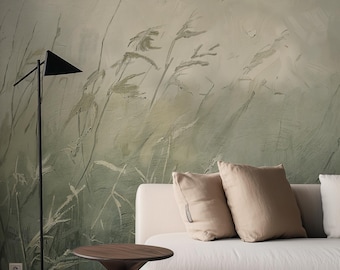 Green Botanical Farmhouse Wallpaper Mural: Rustic Grass Boho Textured Wall Mural