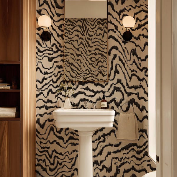 Veneer Abstract Beige Wallpaper, Black and White Mid-Century Peel and Stick Removable Wall Mural