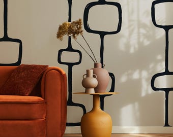Papel de parede removível em preto e branco, estilo contemporâneo arrojado, com design geométrico abstrato. Decoração de parede temporária, autoadesiva e fácil de aplicar.