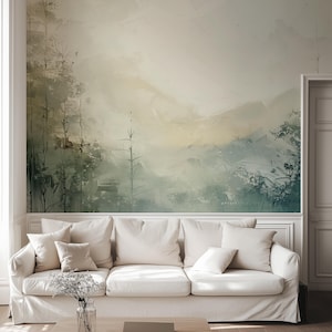 Mountain forest wallpaper, green wallpaper, Panoramic view vintage Wallpaper, abstract Mural with Nature Woodland Scenic Watercolor