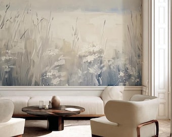 Wildflower Neutral Wall Mural: Floral Beige Pastel Scenic Paint Creamy Wallpaper