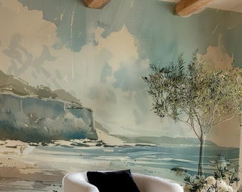 Coastal Cliffs Textured Wallpaper Mural: Abstract Blue Wall Mural