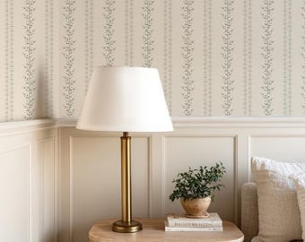 Victorian Beige Stripe Wallpaper – Classical Vintage Botanical Peel & Stick or Traditional Cottage Wall Mural