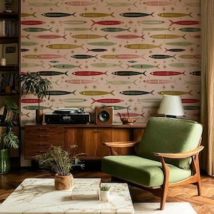 Funky Fish Removable Wallpaper: Retro Pink Green Wall Art, Mid Century Modern Sardine Mural