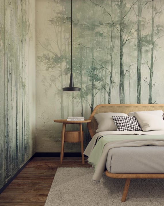 Forest Green Wall Mural: Vintage Scenic Tree Woodland Farmhouse Wallpaper
